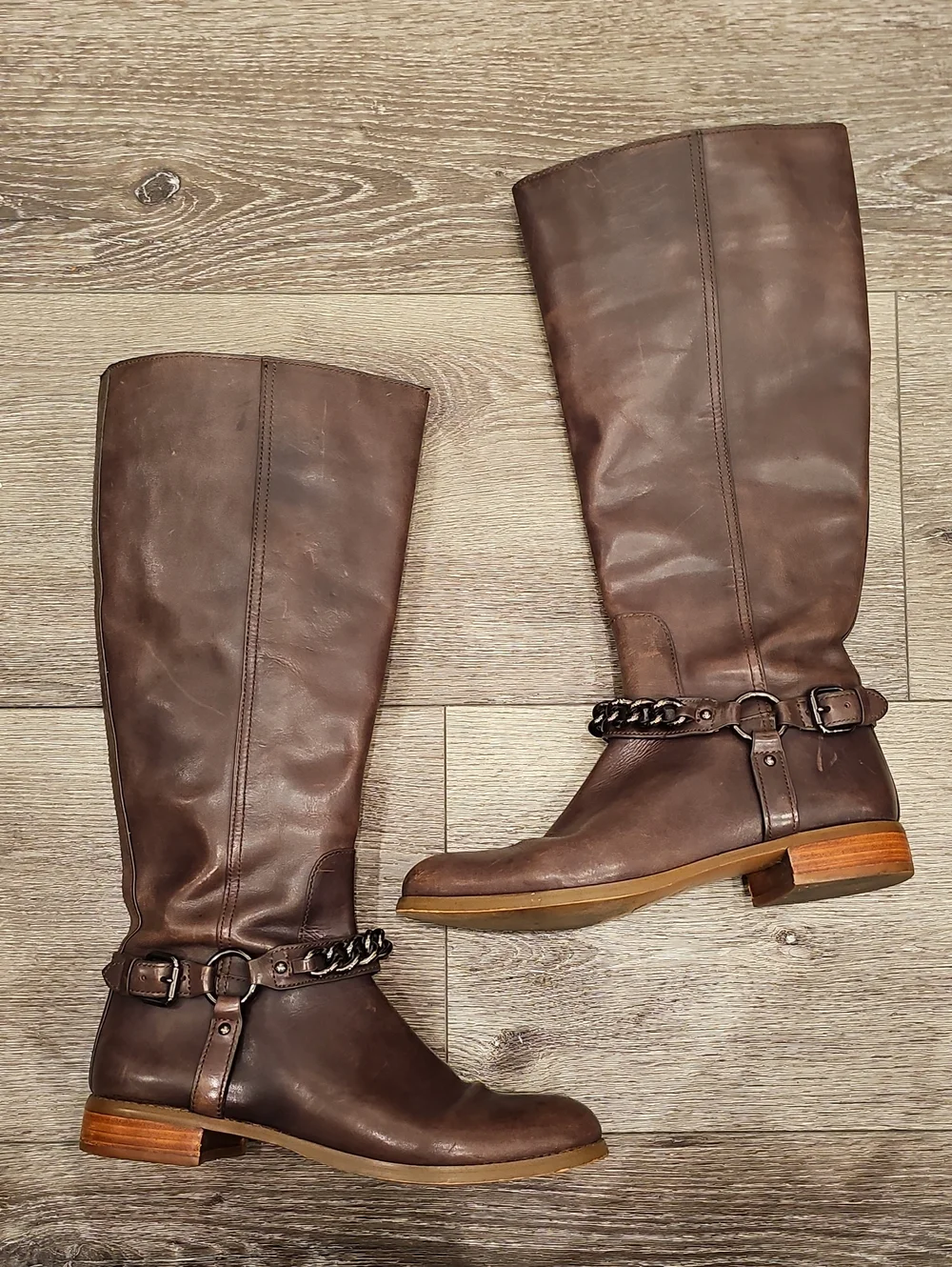 COACH Mabel Tall Brown Knee-High Riding Boots w/Chain Ankle Strap Leather Size 7